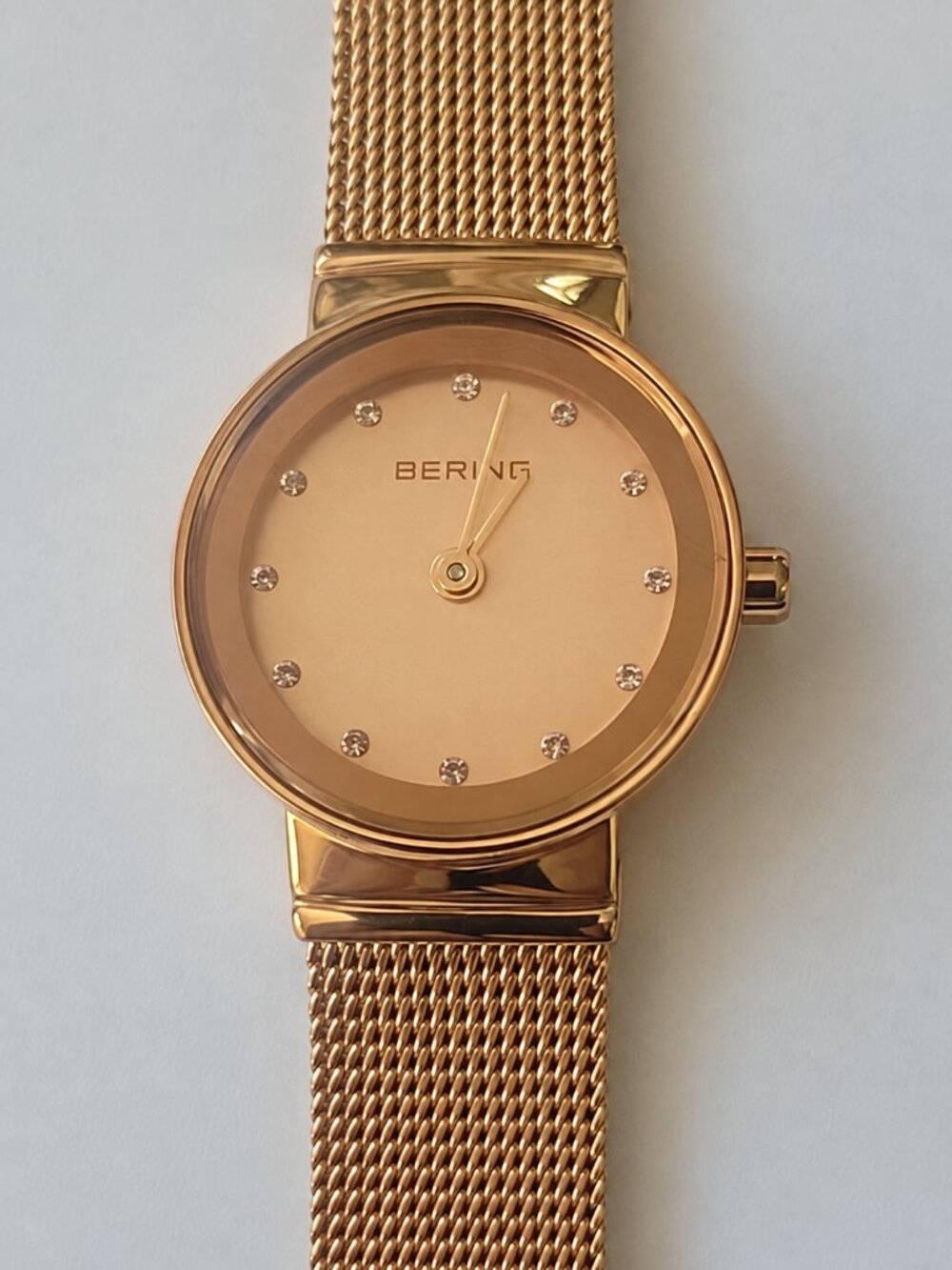 BERING Gold Tone Mesh Bracelet Watch with Crystal Hour Markers
